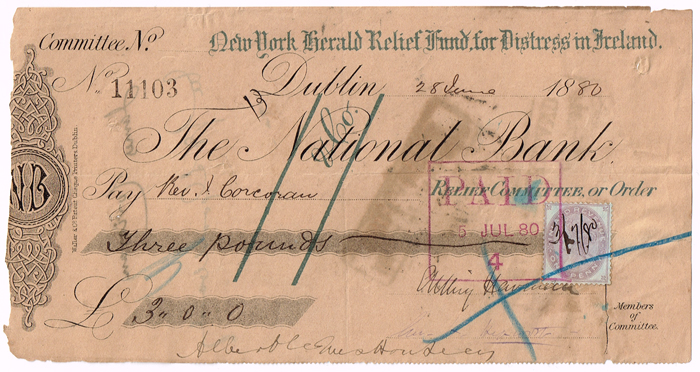 1880. New York Herald Relief Fund for Distress in Ireland cheque. at Whyte's Auctions