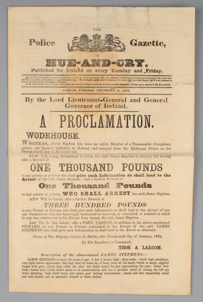 1866 (25 December) Hue-And-Cry James Stephens Wanted Proclamation at Whyte's Auctions