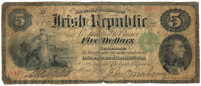 1866: Fenian Bond Irish Republic Five Dollars signed John O'Mahony. at Whyte's Auctions