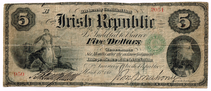 1866 Irish Republic Five Dollars Bond issued in USA by the Fenians, signed John O'Mahony. at Whyte's Auctions