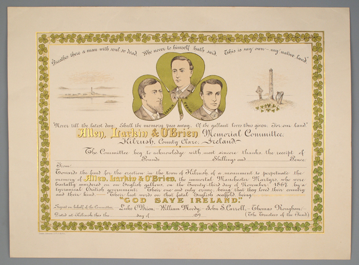 [1867] Allen Larkin & O'Brien (Manchester Martyrs") Memorial, Kilrush, Co. Clare, certificate of subscription ." at Whyte's Auctions