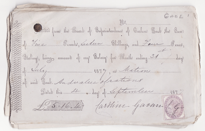 1877: Collection of Carlow Jail pay and suppliers receipts at Whyte's Auctions
