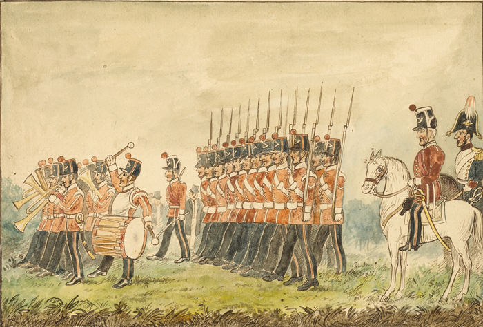 circa 1870: Drawing of County of Dublin Militia reviewed by their Colonel Lord Meath at Whyte's Auctions