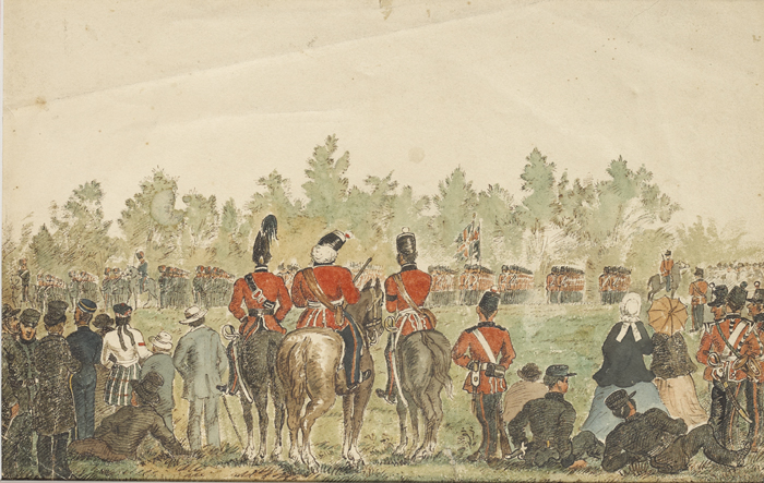circa 1870: Drawing of the inspection of the Dublin City Militia at Whyte's Auctions