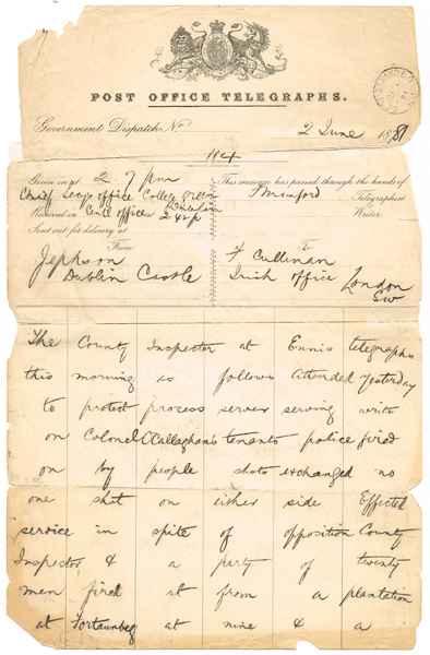 1881 (2 June) Dublin Castle telegram regarding Clare 'Land War' incident at Whyte's Auctions