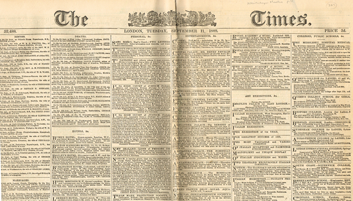 1888 (11 September) Whitechapel Murders issue of The Times of London at Whyte's Auctions