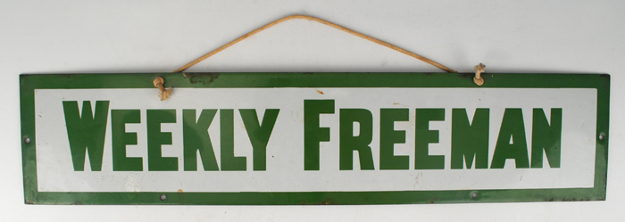 Circa 1900. Original white and green metal enamelled sign for the 'Weekly Freeman' at Whyte's Auctions
