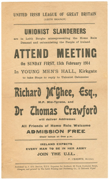 1914: United Irish League of Great Britain handbill at Whyte's Auctions