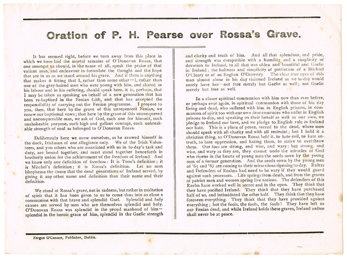 1915. Patrick Pearse - Oration of P. H. Pearse over Rossa's Grave flysheet at Whyte's Auctions
