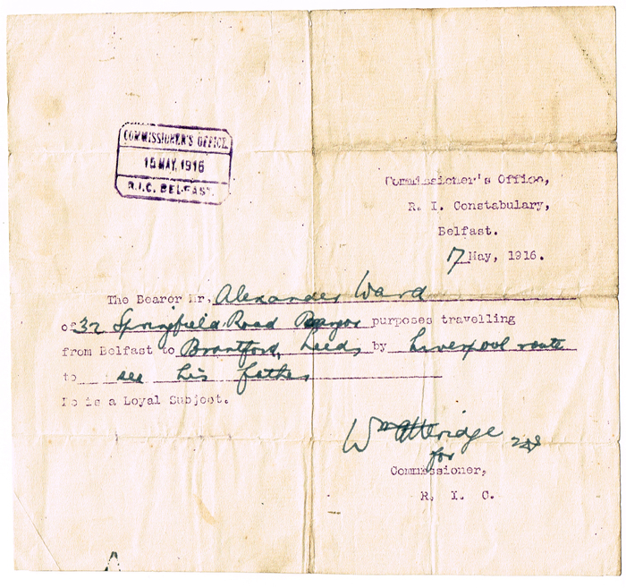 1916 Rising: Royal Irish Constabulary Belfast travel pass at Whyte's Auctions