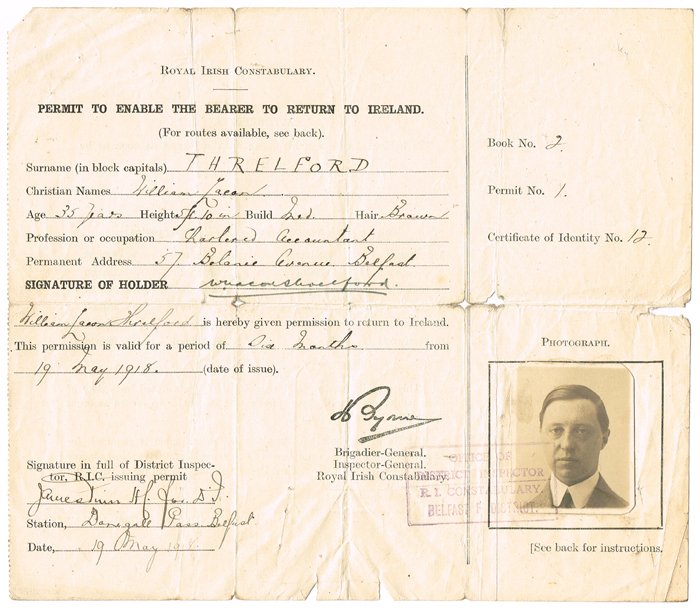 1918 (19 May) Royal Irish Constabulary permit to return to Ireland at Whyte's Auctions