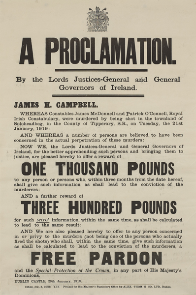 1919 (29 January) Soloheadbeg Ambush Dublin Castle reward poster at Whyte's Auctions