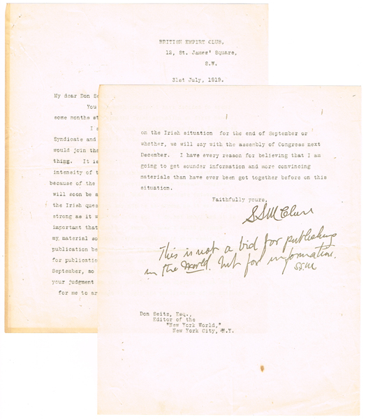1919 (31 July) Irish-American publisher S. S. McClure signed letter relating to Ireland at Whyte's Auctions