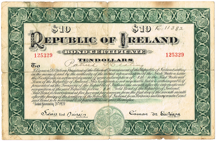 1920 (21 January) Republic of Ireland Ten Dollars Bond issued by Eamon de Valera at Whyte's Auctions