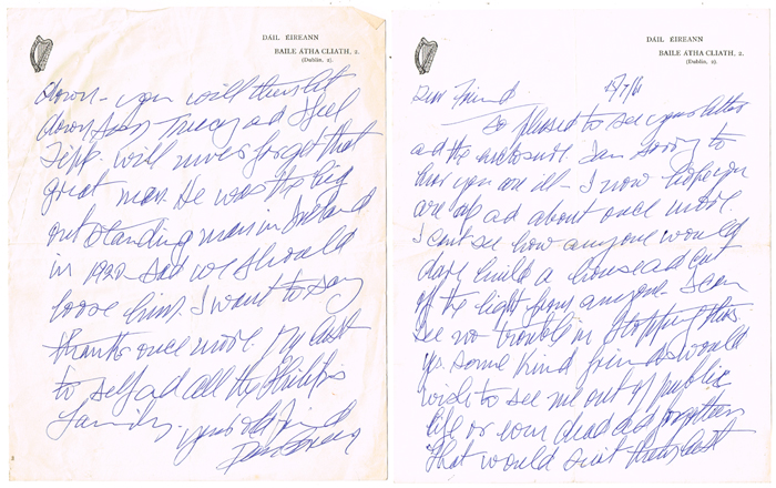 Breen, Dan. Manuscript Letter on Dail Eireann Letterhead 15th, July, 1961 at Whyte's Auctions