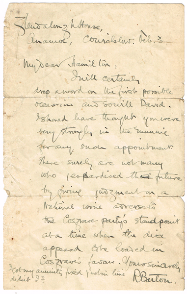 1921: Signatory to The Treaty: Robert Barton letter at Whyte's Auctions