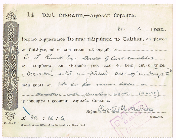 1922. Payment for Michael Collins' aeroplane at Whyte's Auctions