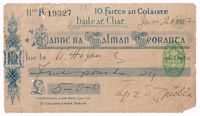 1922 (20 June). Cheque signed by President Arthur Griffith at Whyte's Auctions