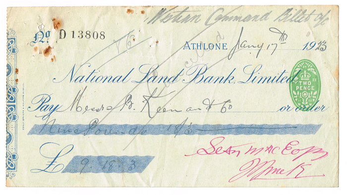 1922 Collection of cheques signed by leading officers of the National Army during the Civil War at Whyte's Auctions