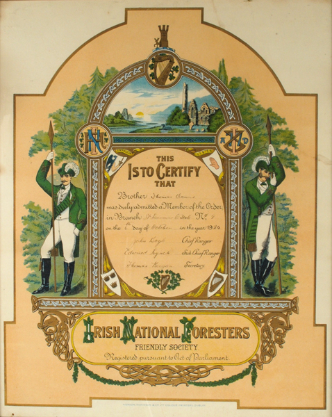 1924 (6 October) Irish National Foresters, St. Laurence O'Toole Branch, membership certificate at Whyte's Auctions