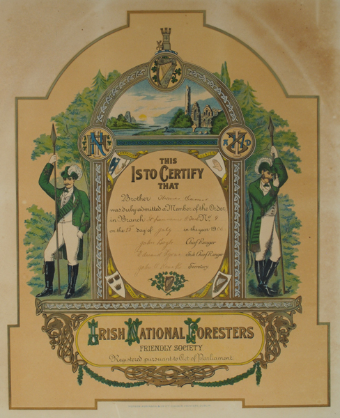1906 (23 July) Irish National Foresters, St. Laurence O'Toole Branch, membership certificate at Whyte's Auctions