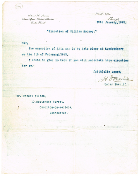1923 (15 January) Derry interest William Rooney execution hangman's letter at Whyte's Auctions
