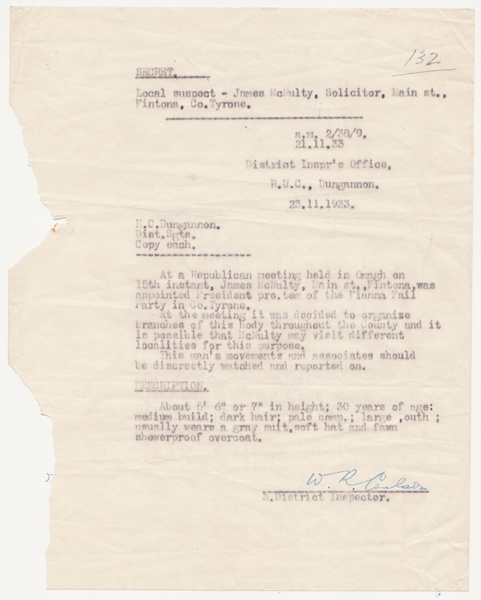 1930-1933: Royal Ulster Constabulary correspondence relating to IRA activity at Whyte's Auctions