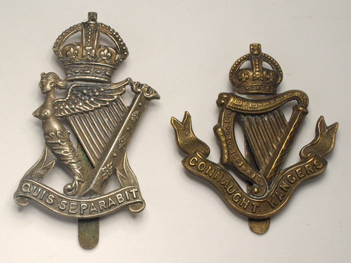 1914-1918: WW1 period Connaught Rangers and Royal Irish Rifles cap badges at Whyte's Auctions