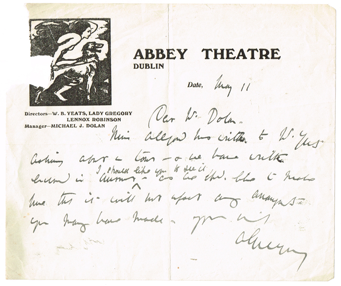 circa 1925: Handwritten and signed letter by Lady Augusta Gregory on Abbey Theatre headed notepaper at Whyte's Auctions