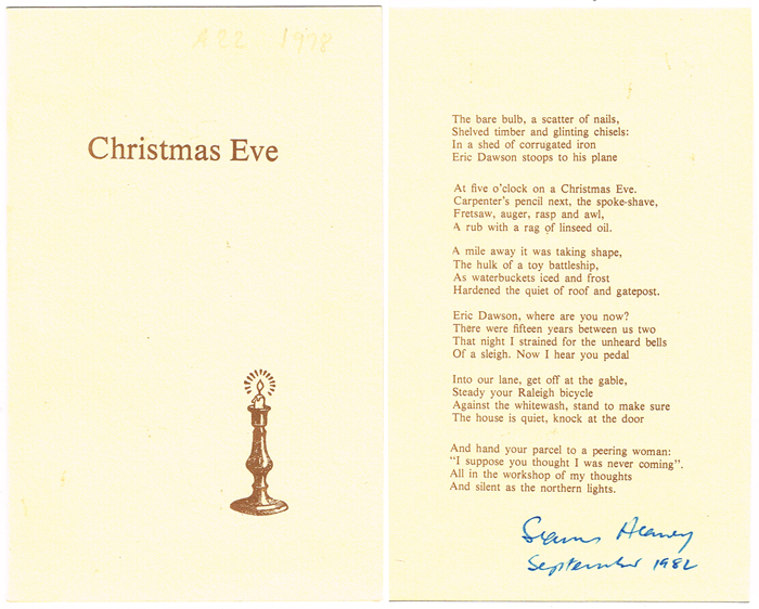 Heaney, Seamus. 1978 Christmas Card and letter at Whyte's Auctions