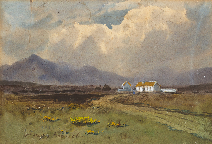 COTTAGES WITH MOUNTAIN RANGE IN THE DISTANCE by William Percy French (1854-1920) at Whyte's Auctions