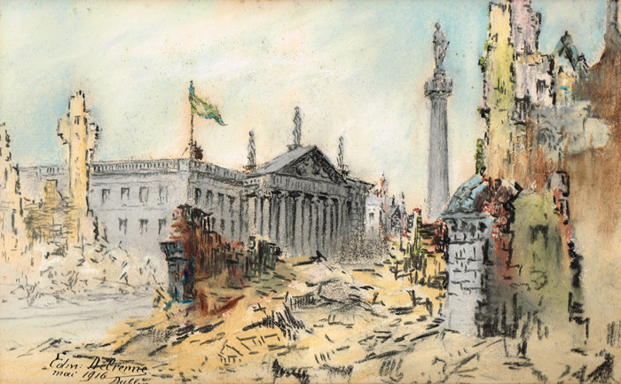 DUBLIN 1916 INCLUDING A VIEW OF THE IRISH REPUBLIC FLAG OVER THE G.P.O., SACKVILLE STREET (A PAIR) by Edmond Delrenne sold for �2,900 at Whyte's Auctions