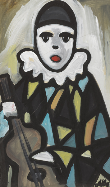 PIERROT WITH CHEQUERED BLOUSE AND GUITAR by Markey Robinson (1918-1999) at Whyte's Auctions