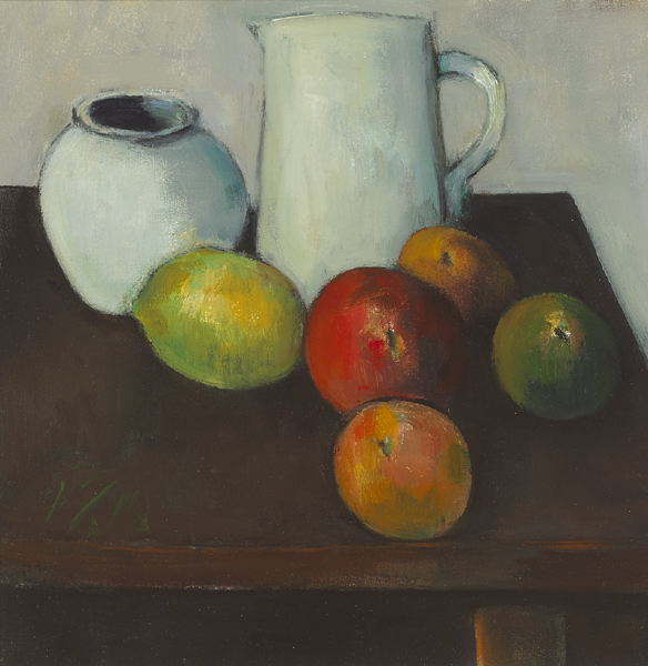 STILL LIFE WITH WHITE VASE AND FRUIT by Peter Collis RHA (1929-2012) at Whyte's Auctions
