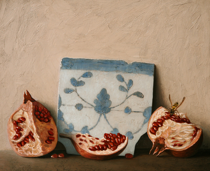 STILL LIFE WITH POMEGRANATE AND PORTUGUESE TILE, 2014 by Stuart Morle (b.1960) at Whyte's Auctions