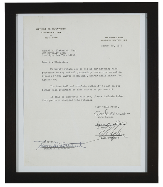 John Lennon and Yoko Ono. Signed letter, 1972. at Whyte's Auctions