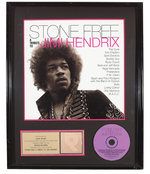 Jimi Hendrix Gold Disc Award and collection of photographs and prints. at Whyte's Auctions