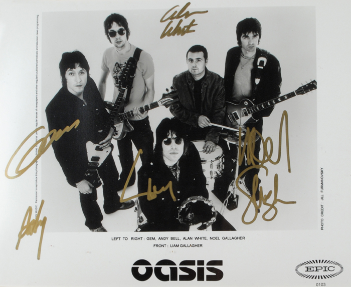 Oasis: Promotional card autographed by all five band members <R><R> at Whyte's Auctions
