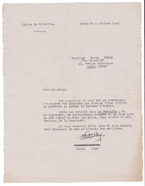 Edith Piaf signed letter. at Whyte's Auctions