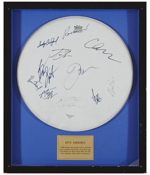 1994 MTV Awards autographs on a drum skin including Mick Jagger, Keith Richards, Ron Wood, Charlie Watts, Bruce Springsteen etc. at Whyte's Auctions