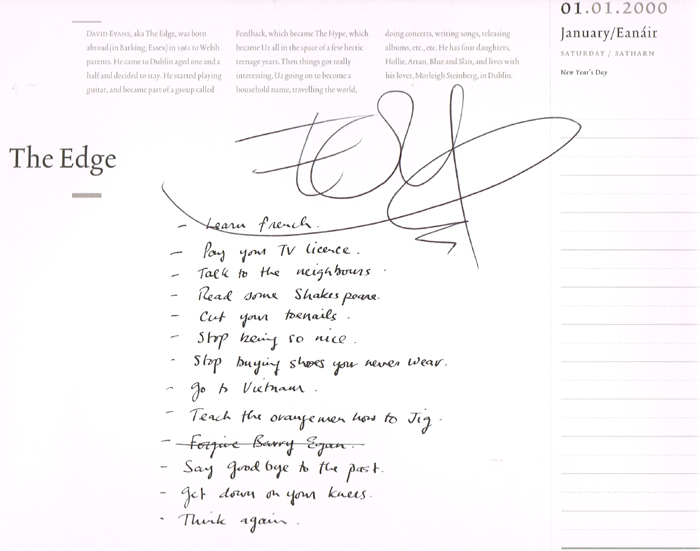 U2. The Edge signed page from The Whoseday Book. at Whyte's Auctions