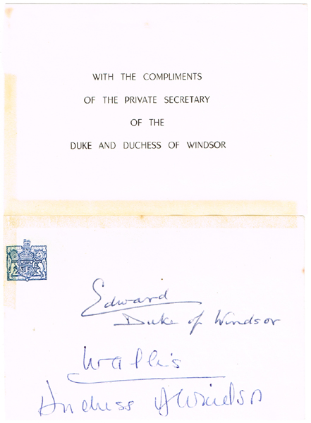 The autographs of Edward Duke of Windsor and Wallis duchess of Windsor. at Whyte's Auctions