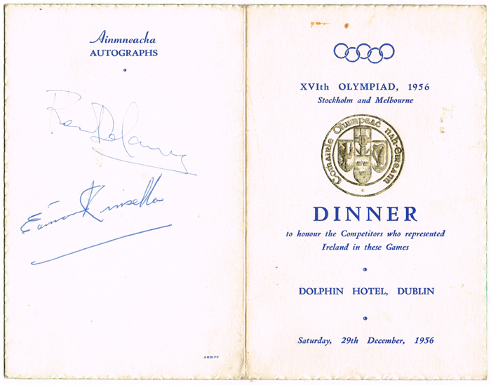 1956 XVIth Olympiad, Ronnie Delaney and Eamonn Kinsella, signed menu. at Whyte's Auctions
