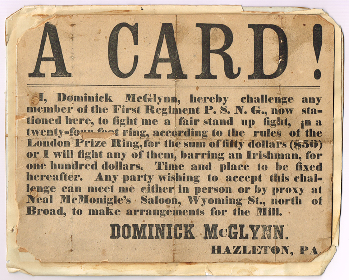 Boxing. 19th Century: United States Army fight challenge proclamation card "I will fight any of them, barring an Irishman..." at Whyte's Auctions