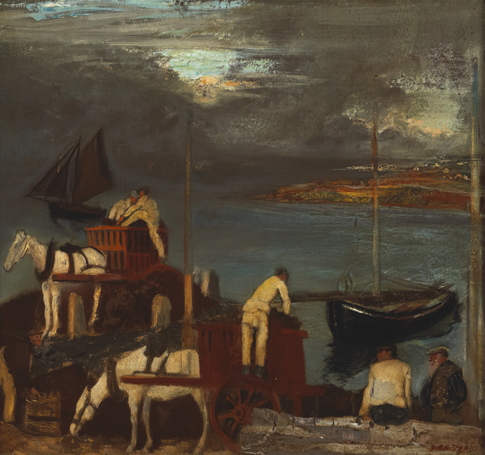 LOADING AND UNLOADING TURF BOATS, CONNEMARA, c.1940s by Seán Keating sold for €7,500 at Whyte's Auctions