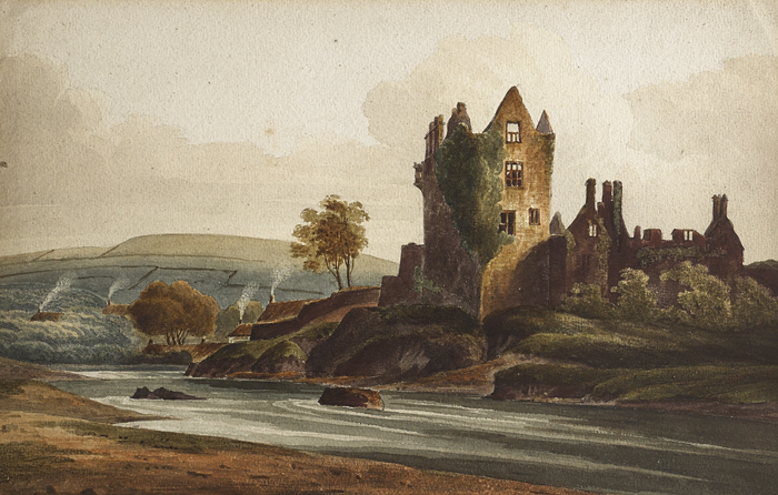 VIEW OF MANOR RUINS WITH COTTAGES and ROCKY COASTAL SCENE AT SUNSET (A PAIR) by William Nicholl (1794-1840) at Whyte's Auctions