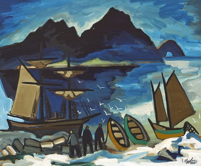 FISHERMEN WITH BOATS AND MOUNTAINS IN THE DISTANCE by Markey Robinson (1918-1999) (1918-1999) at Whyte's Auctions