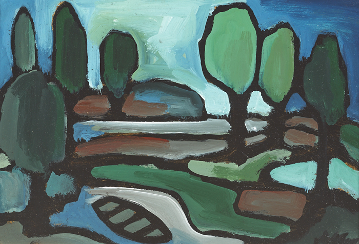 RIVERBANK WITH TREES AND BOAT by Markey Robinson (1918-1999) (1918-1999) at Whyte's Auctions
