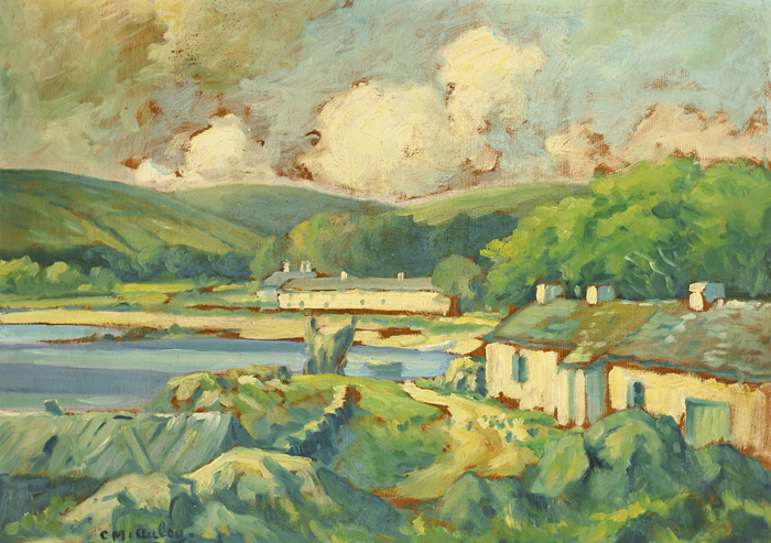 COTTAGES IN LAKE AND HILLS LANDSCAPE by Charles J. McAuley RUA ARSA (1910-1999) at Whyte's Auctions