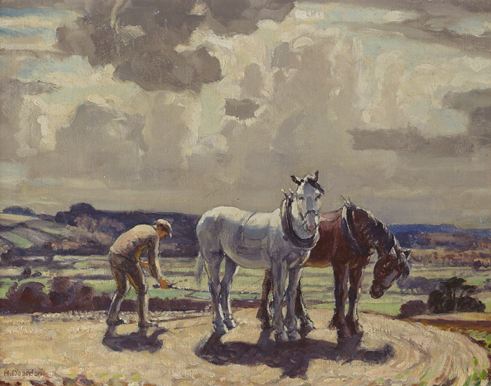 FARM HORSES, ATTACHING THE HARROW by Harold Dearden (British, 1888-1962) (British, 1888-1962) at Whyte's Auctions